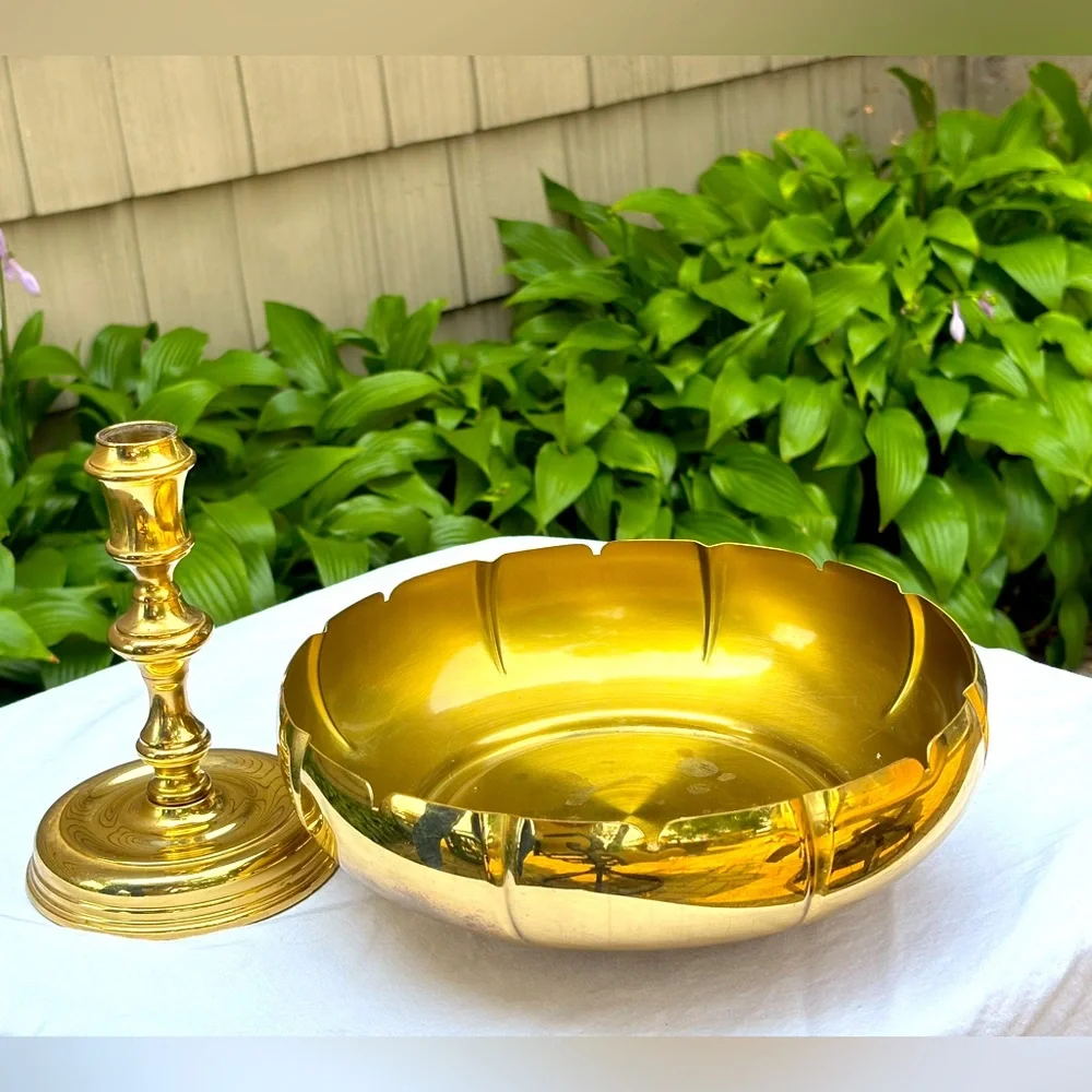 Vintage Baldwin Brass Lotus Pedestal Dish Hollywood Regency
